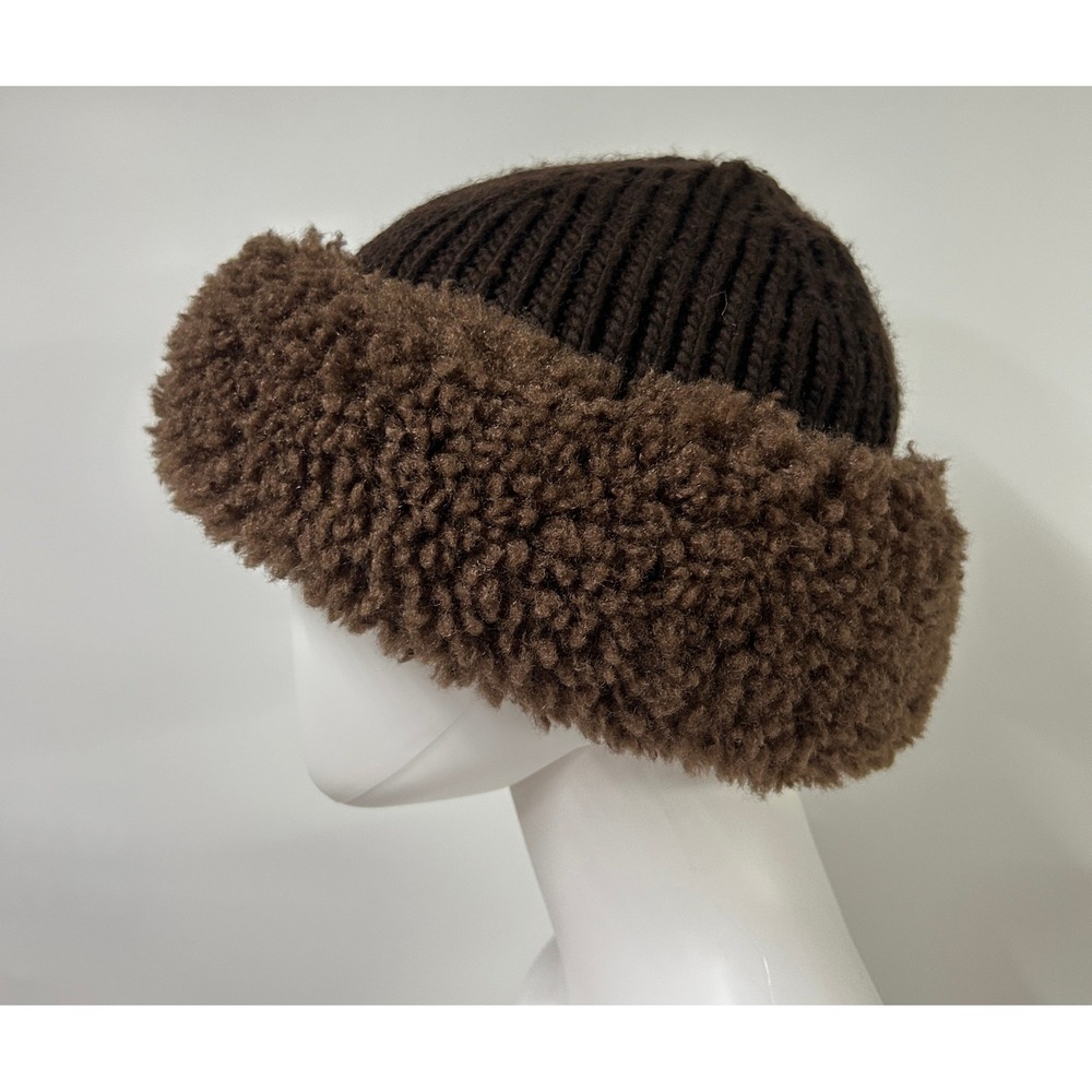 Aerie Faux Fur Trim Ribbed Beanie Hat One Size Brown Gorpcore Winter Cozy Hat